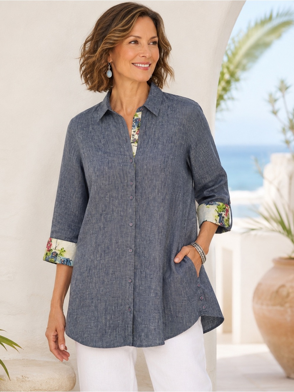 Chico’s No Iron 100% Linen Inner Beauty Tunic Shirt Floral Trim Size 2 L